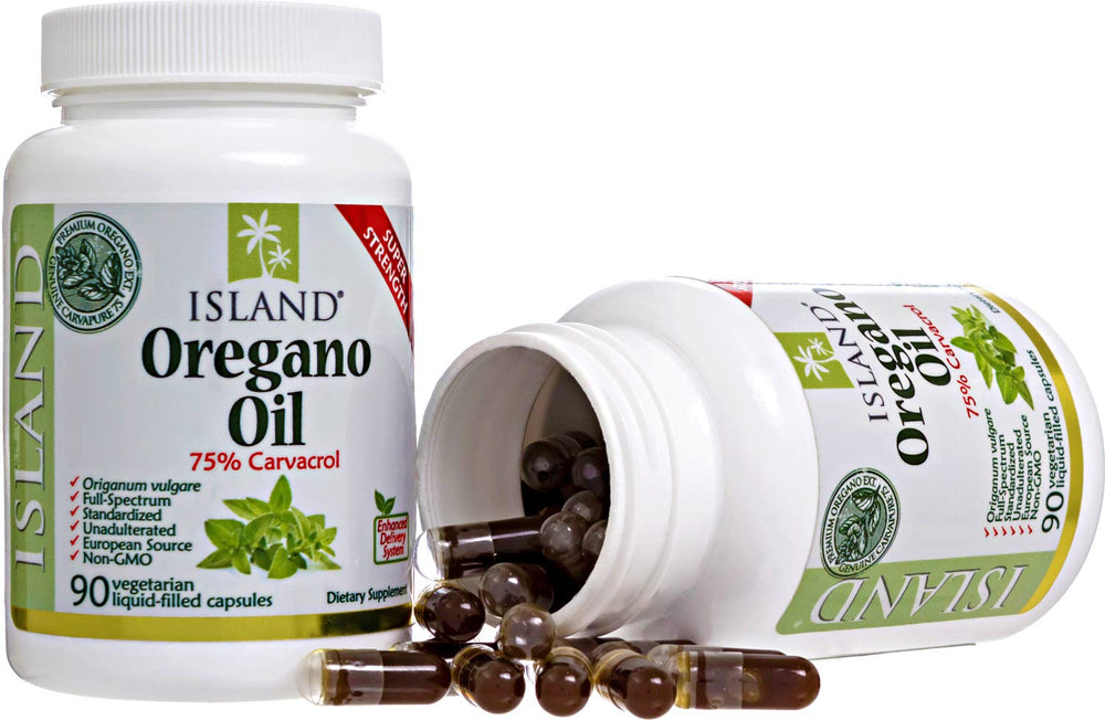 Island Nutrition oregano oil capsules closeup reveals emulsified delivery matrix
