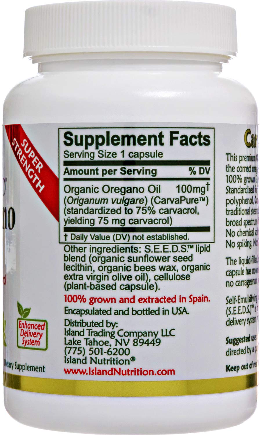 Island Nutrition oregano oil capsules label highlights Spain-sourced organic oregano oil