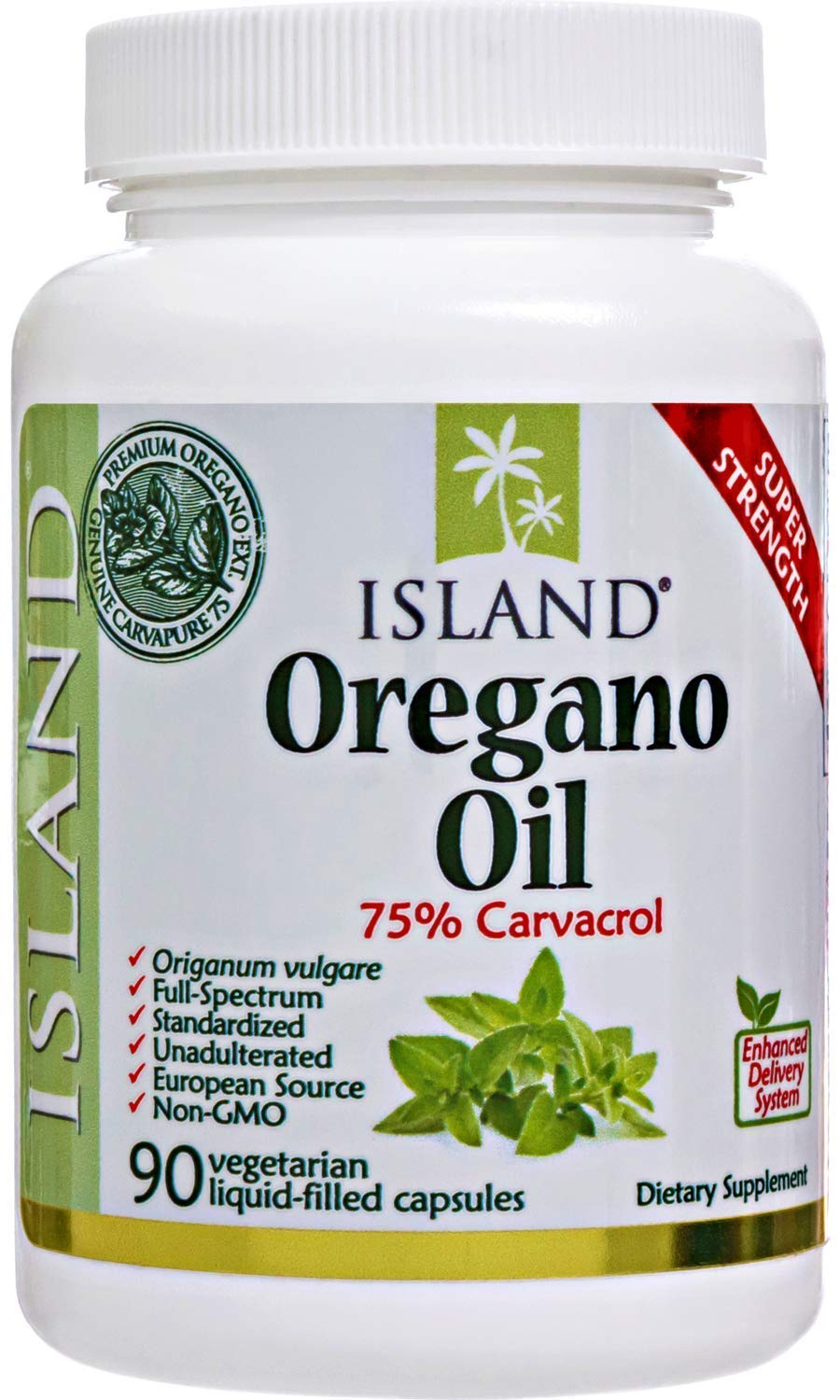 Island Nutrition oregano oil capsules pour demonstrates easy dosing for convenient use