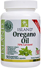 Island Nutrition oregano oil capsules pour demonstrates easy dosing for convenient use