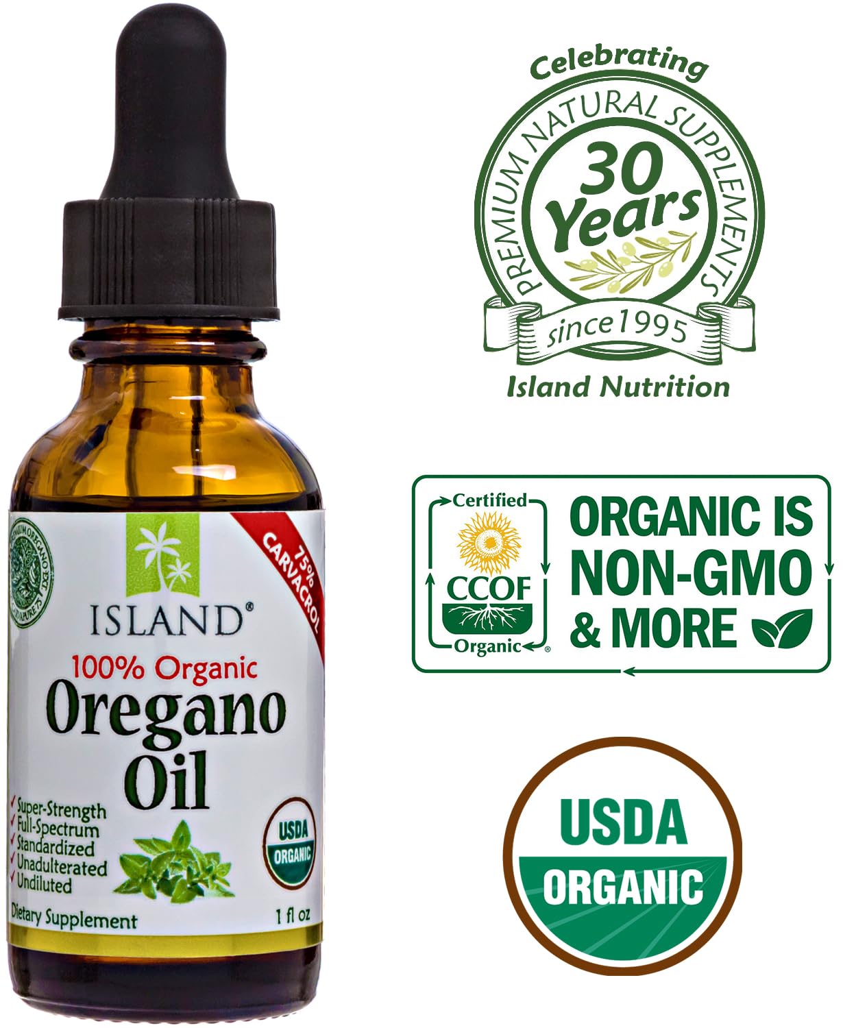 Island Nutrition oregano oil USDA Organic label close-up signaling trusted quality.