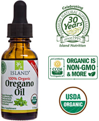 Island Nutrition oregano oil USDA Organic label close-up signaling trusted quality.