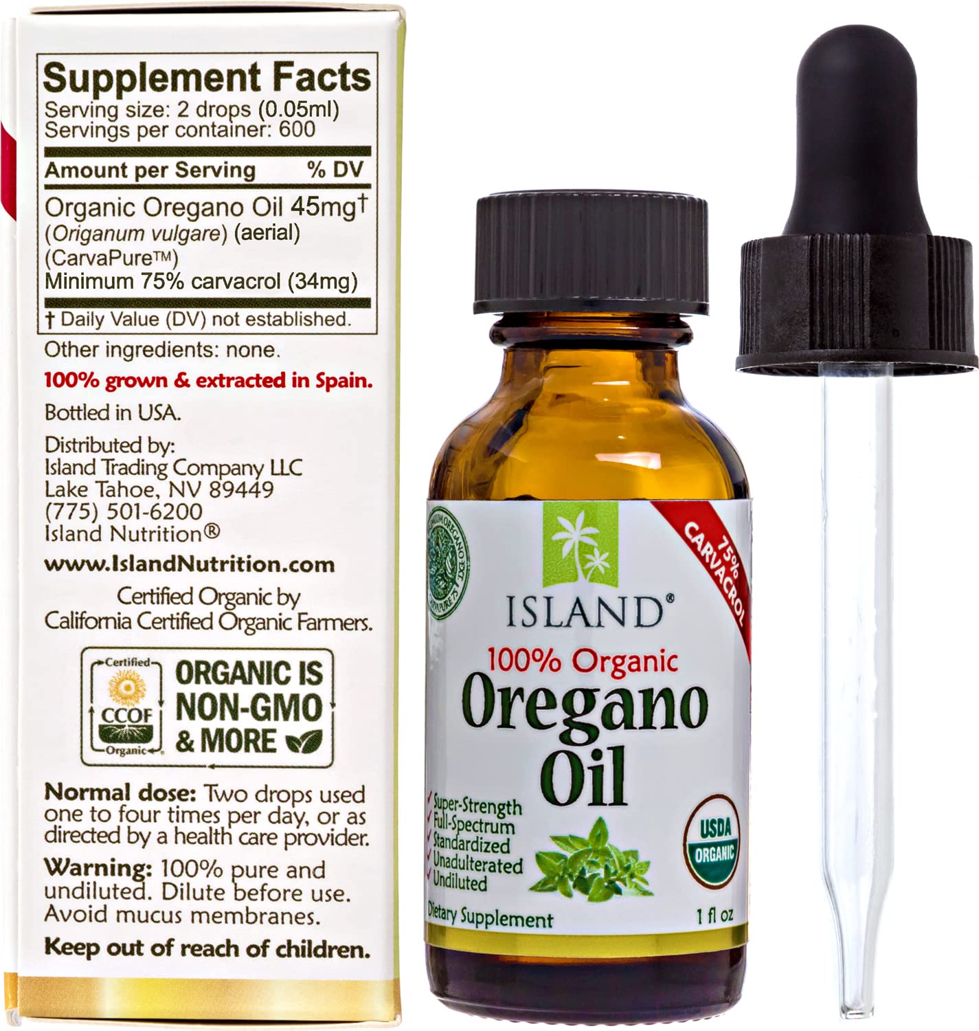 Island Nutrition oregano oil glass bottle with dropper ready for precise dosing.