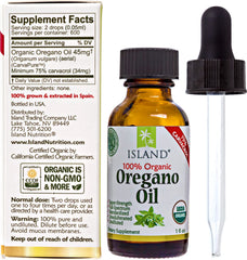 Island Nutrition oregano oil glass bottle with dropper ready for precise dosing.