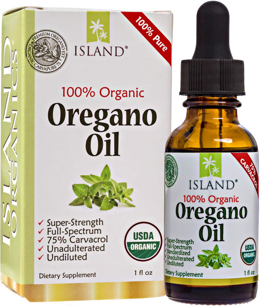 Island Nutrition oregano oil drops bottle close-up showing pure, undiluted drops for potential immune support.