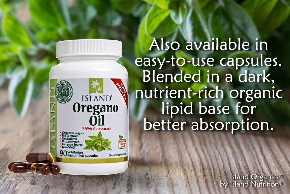 Island Nutrition oregano oil bottle from Spain on shelf for everyday wellness.