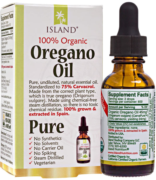 Island Nutrition oregano oil dropper in use reveals 75% carvacrol content.
