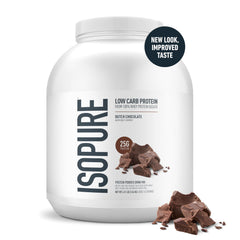 Isopure 25g whey protein per serving scoop highlighting muscle support.