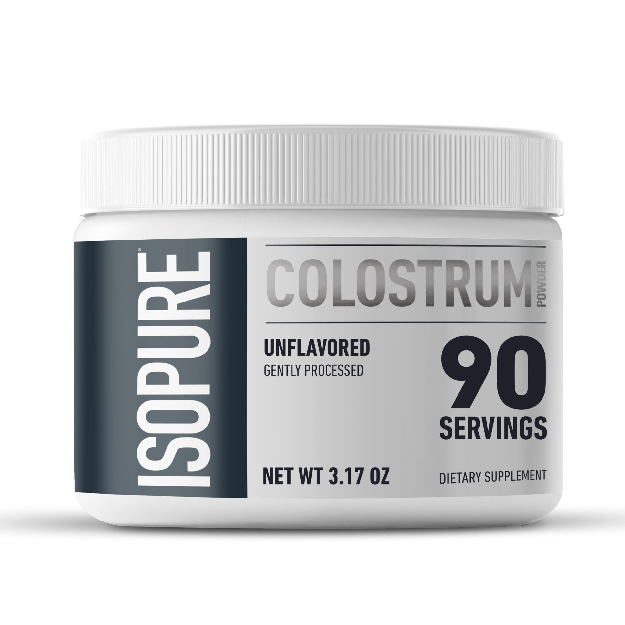 Isopure Bovine Colostrum Powder bottle ready for daily cold beverage use