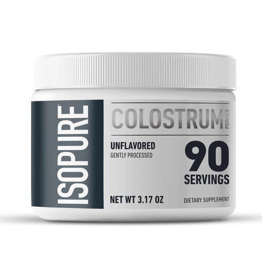Isopure Bovine Colostrum Powder bottle ready for daily cold beverage use