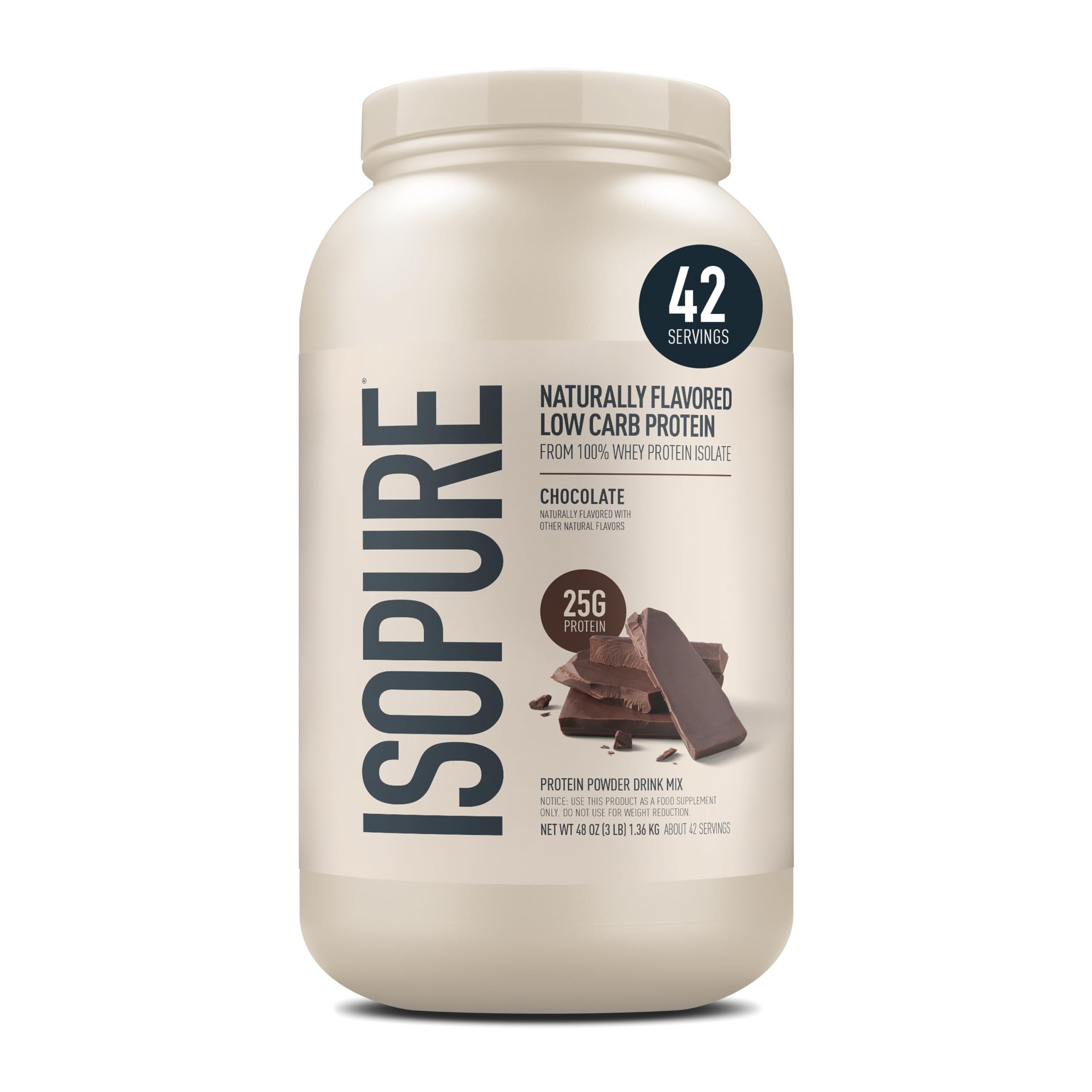 Isopure chocolate whey isolate powder bottle showing rich protein per serving for daily goals.