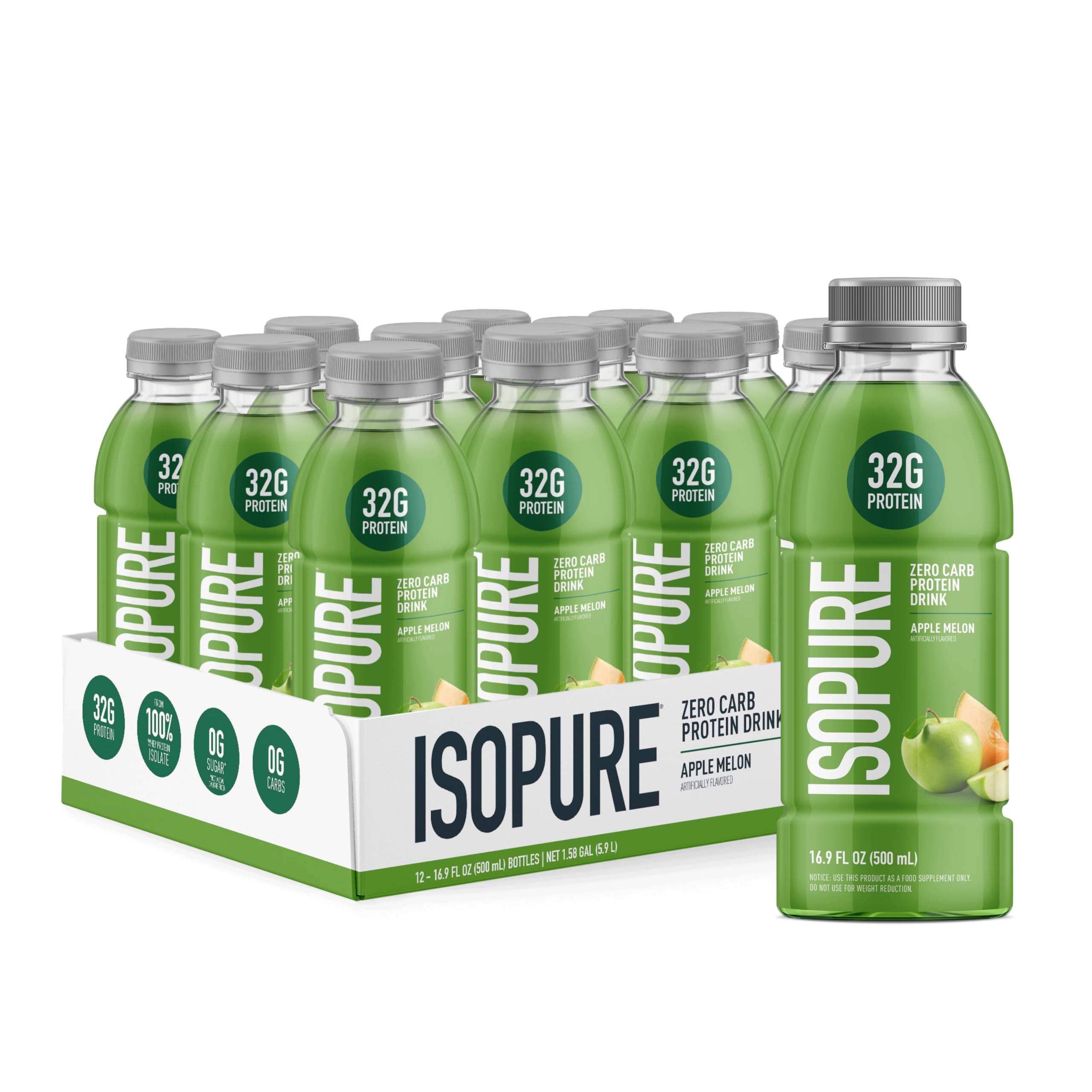 Isopure clear bottle Apple Melon shows a refreshing ready-to-drink protein option for workouts.