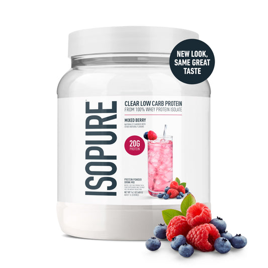 Isopure Clear Whey Isolate glass with mixed berry pour highlights refreshing, low-carb protein.