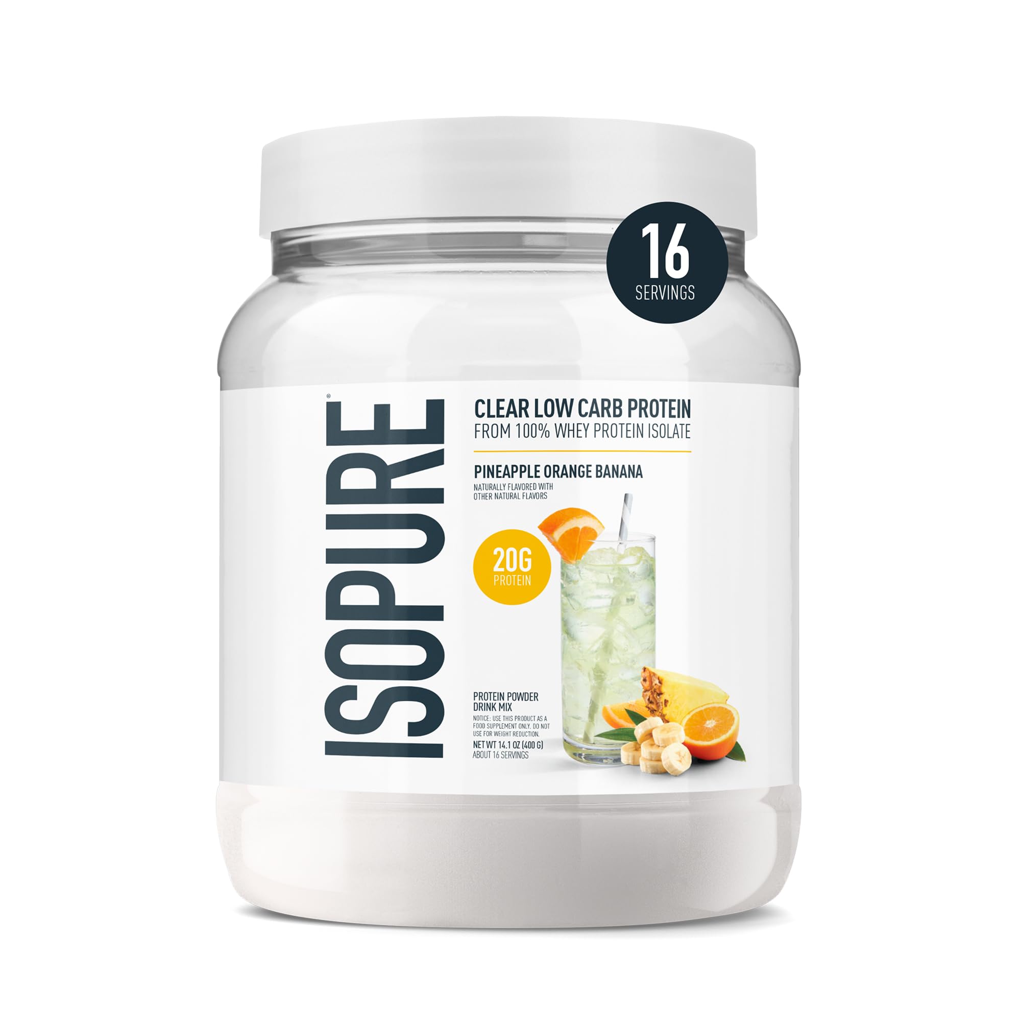 Isopure Clear Whey Isolate pineapple-orange-banana powder in jar for refreshing protein.