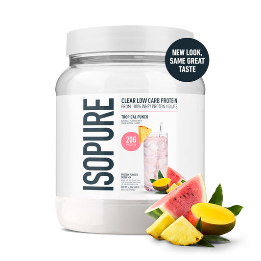 Close-up of Isopure Clear Whey Isolate scoop shows purity and 20g protein per serving.