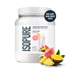 Close-up of Isopure Clear Whey Isolate scoop shows purity and 20g protein per serving.