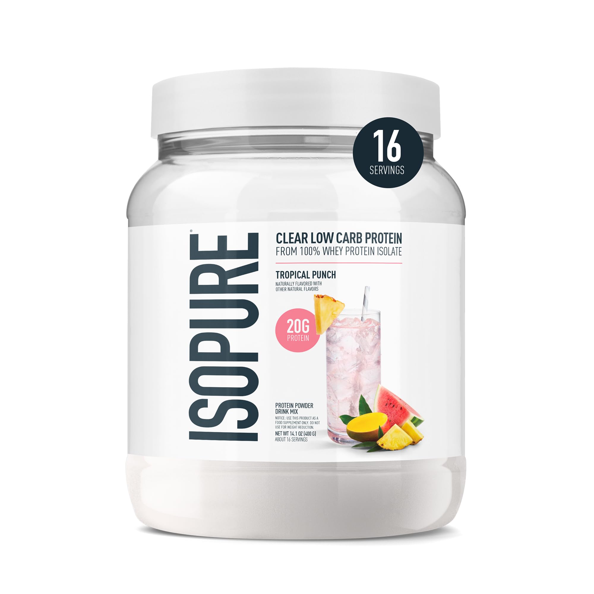 Isopure Clear Whey Isolate Tropical Punch bottle beside a glass of water for refreshment.