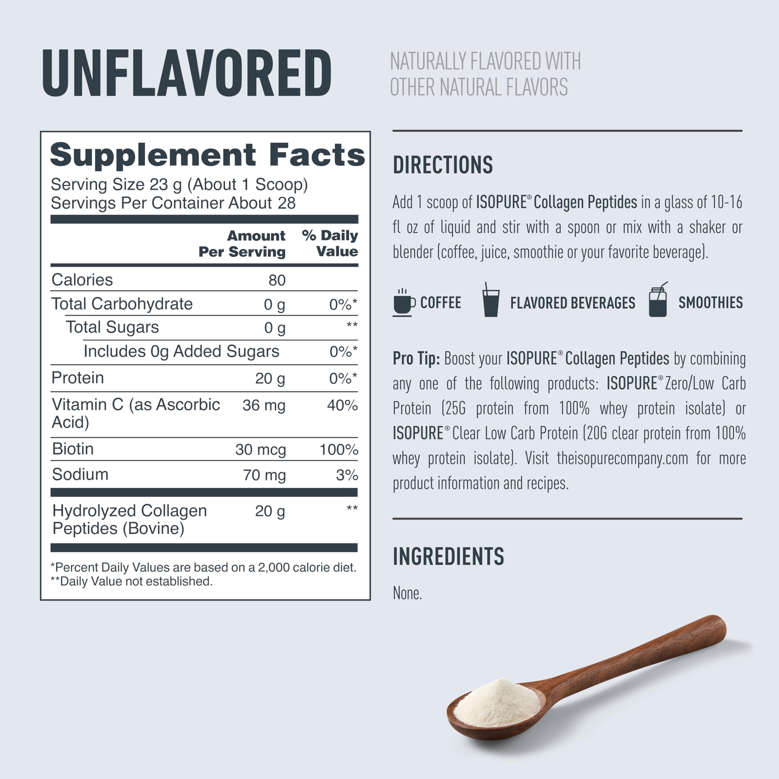 Isopure Collagen Peptides packaging variations, show ingredients and uses.