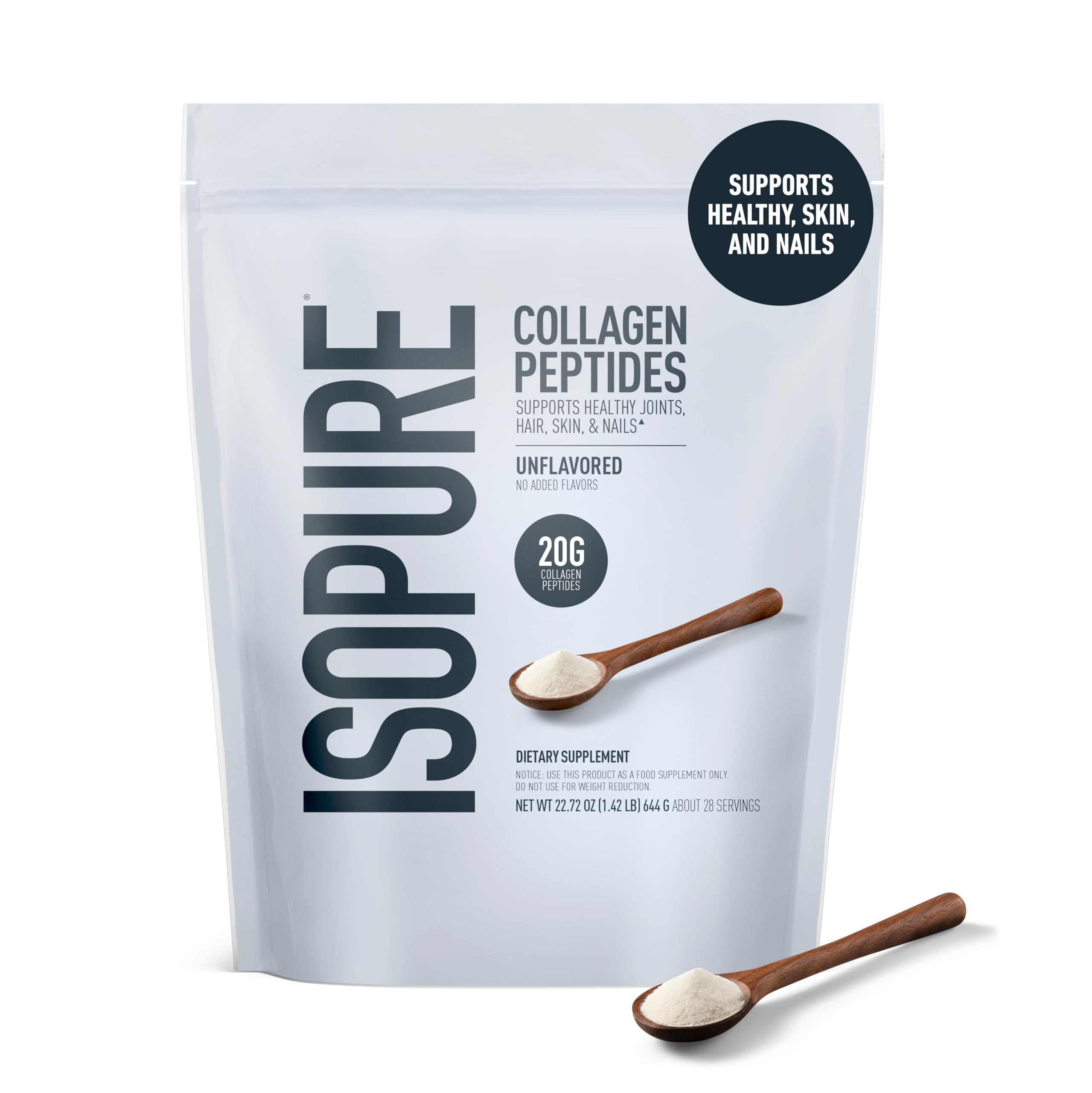 Isopure Collagen Peptides scoop pouring into a glass of water.