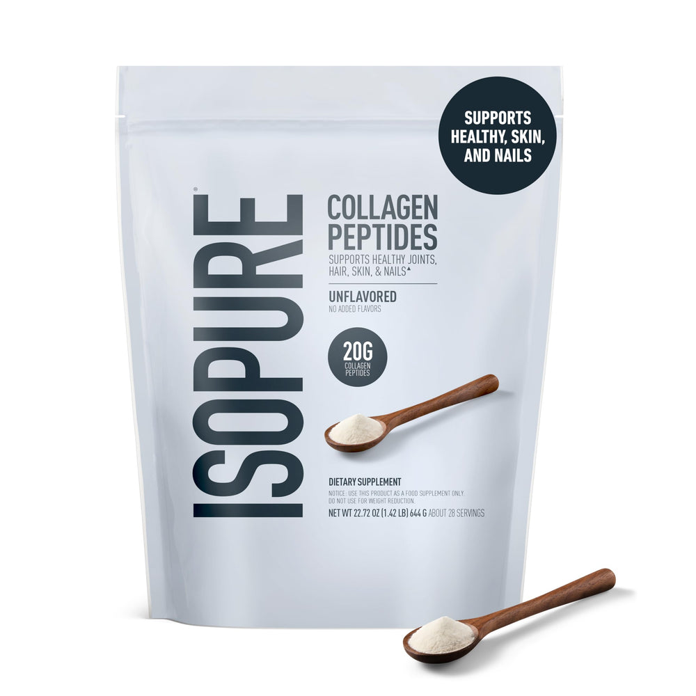 Isopure Collagen Peptides scoop pouring into a glass of water.