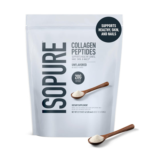 Isopure Collagen Peptides scoop pouring into a glass of water.