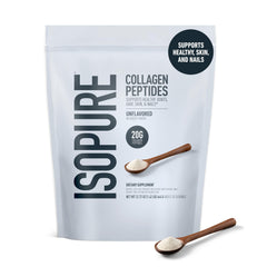 Isopure Collagen Peptides scoop pouring into a glass of water.