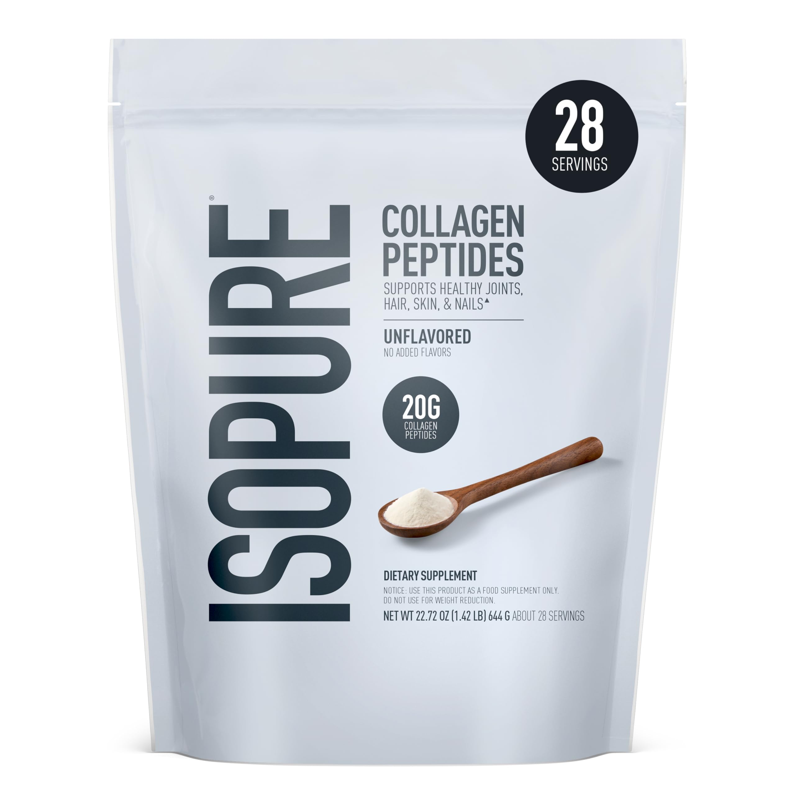 Isopure Collagen Peptides unflavored bag close-up, ready to blend into shakes.