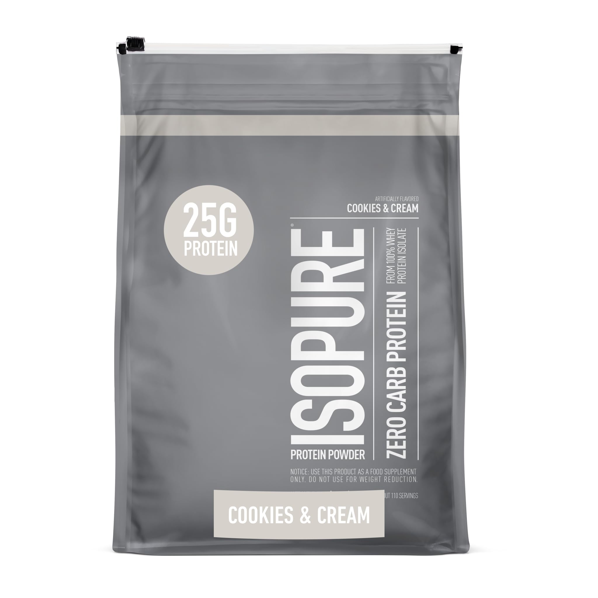 Isopure Cookies & Cream powder bag with 25g protein per serving.