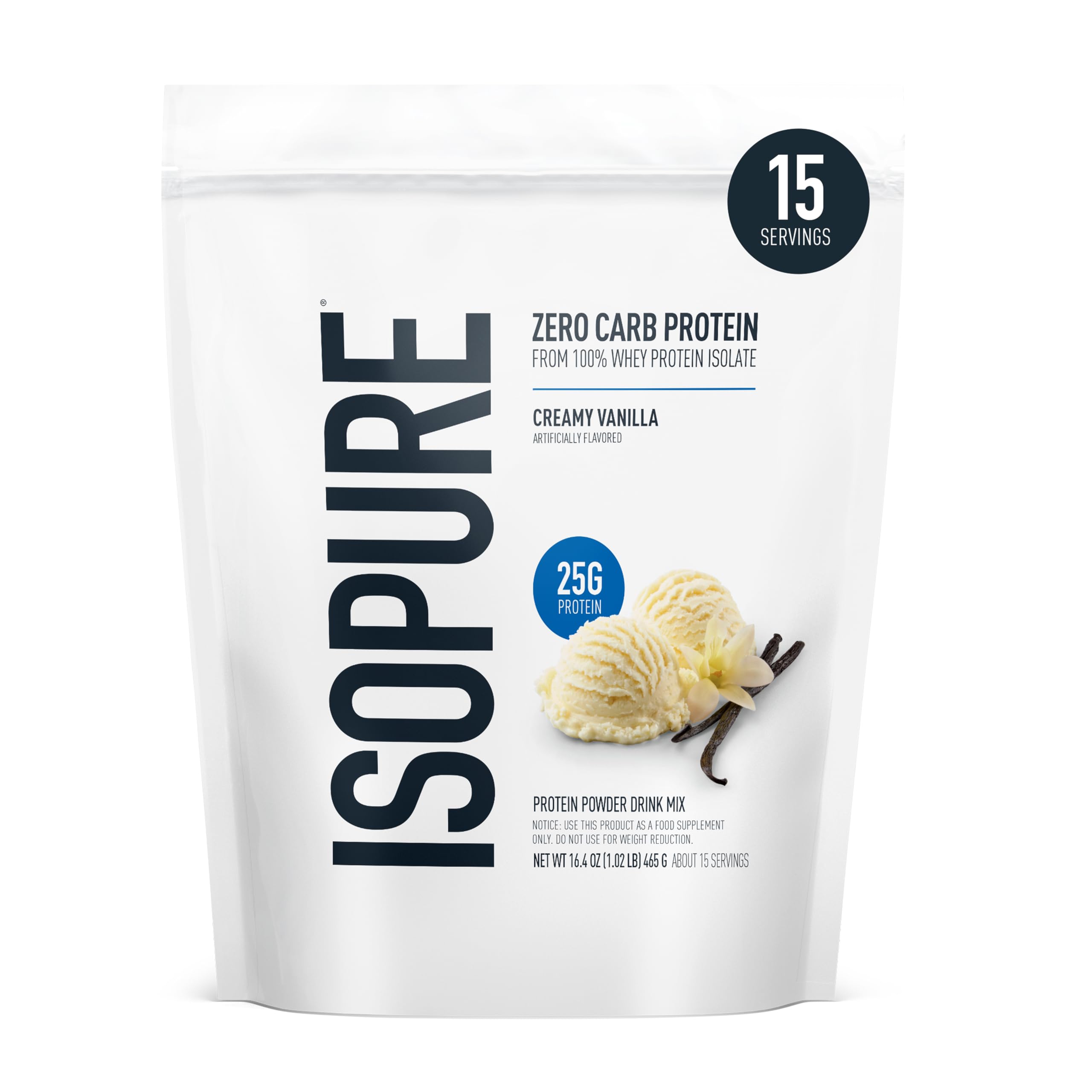 Isopure Creamy Vanilla whey protein powder in 1lb bag for high-protein shakes