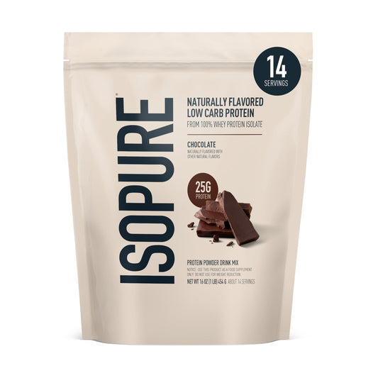 Isopure dark chocolate whey isolate bottle for daily protein fueling.