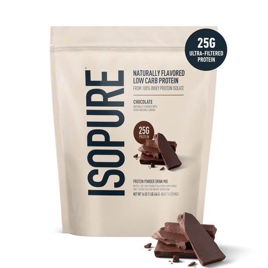 Isopure dark chocolate whey isolate scoop resting on powder.