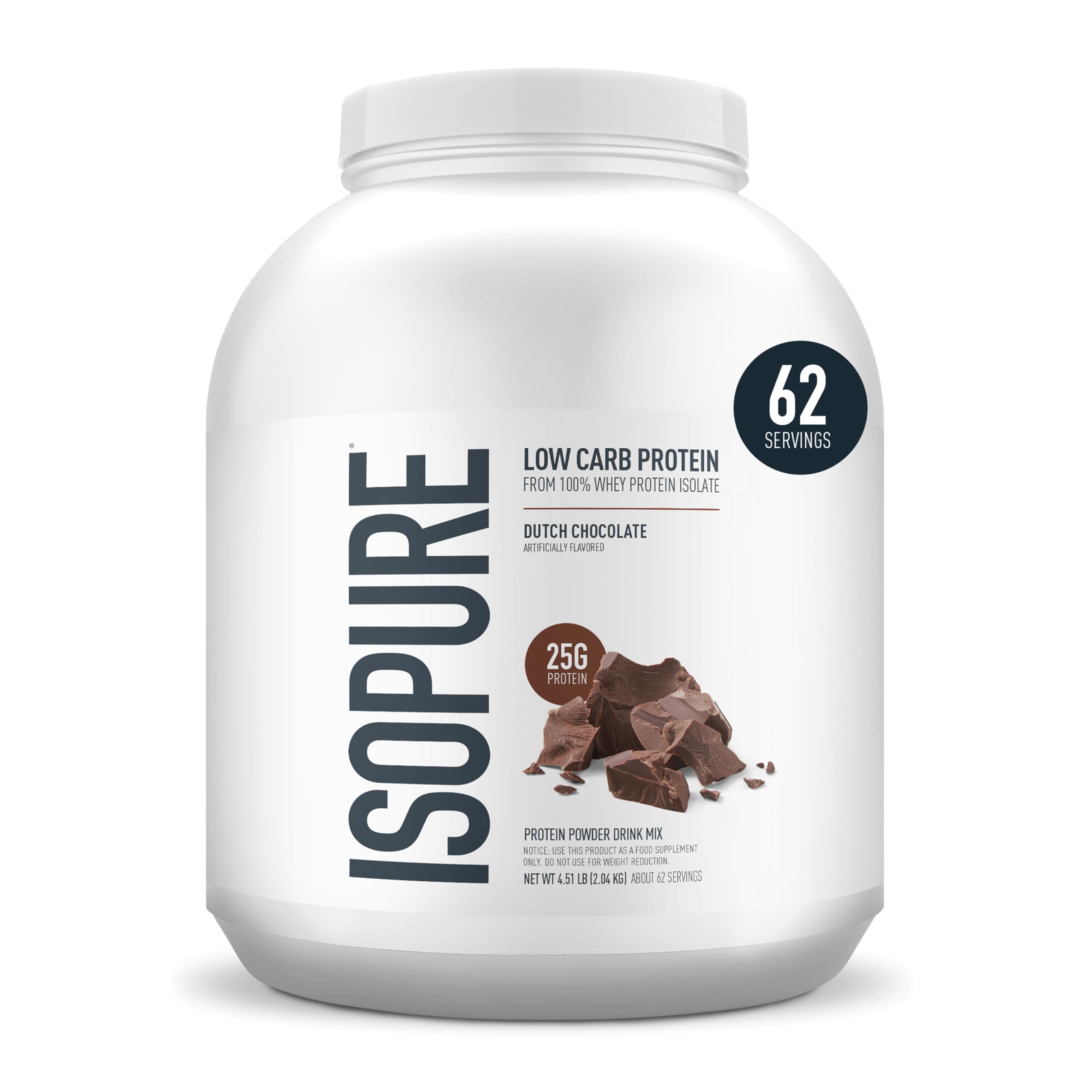Isopure Dutch Chocolate protein powder jar for daily high-protein nutrition.