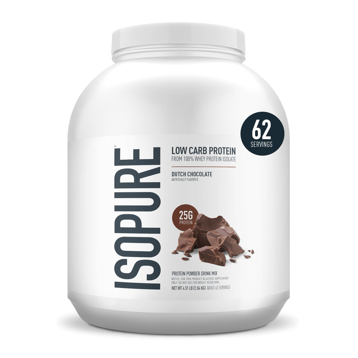 Isopure Dutch Chocolate protein powder jar for daily high-protein nutrition.