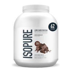 Isopure Dutch Chocolate protein powder jar for daily high-protein nutrition.