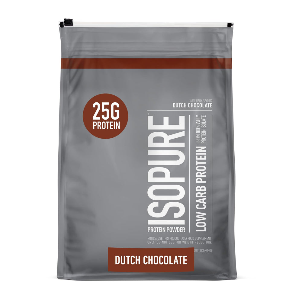 Isopure Dutch Chocolate whey isolate bottle ready for a low carb shake
