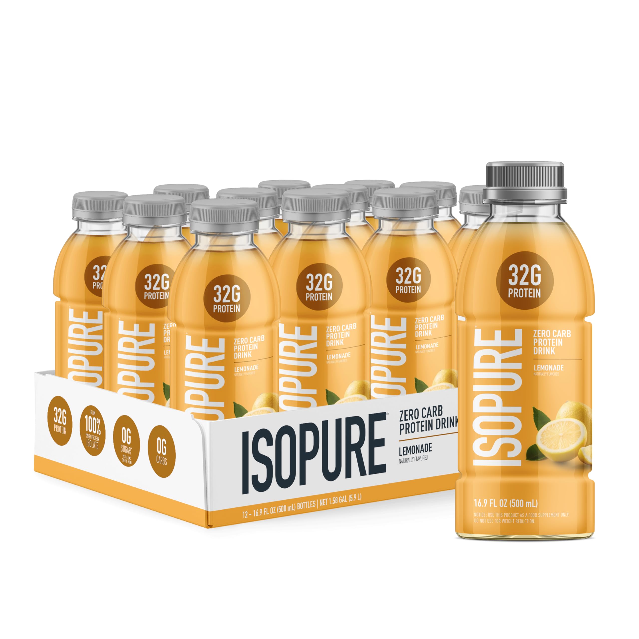 Isopure Lemonade bottle front showing 32g protein for post-workout support