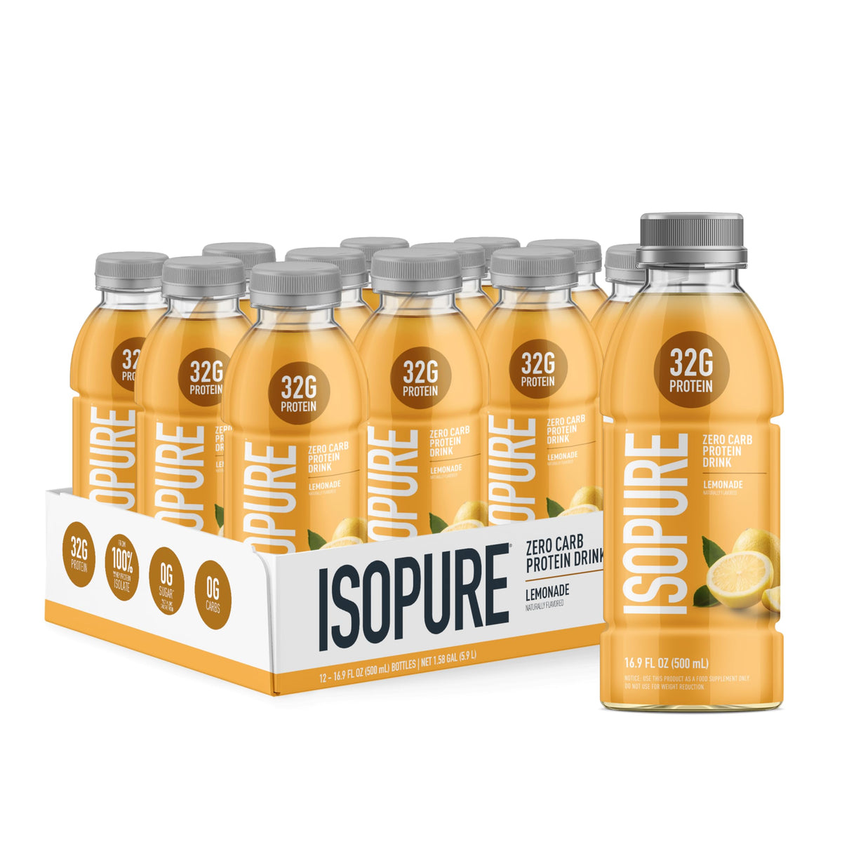 Isopure Lemonade bottle front showing 32g protein for post-workout support