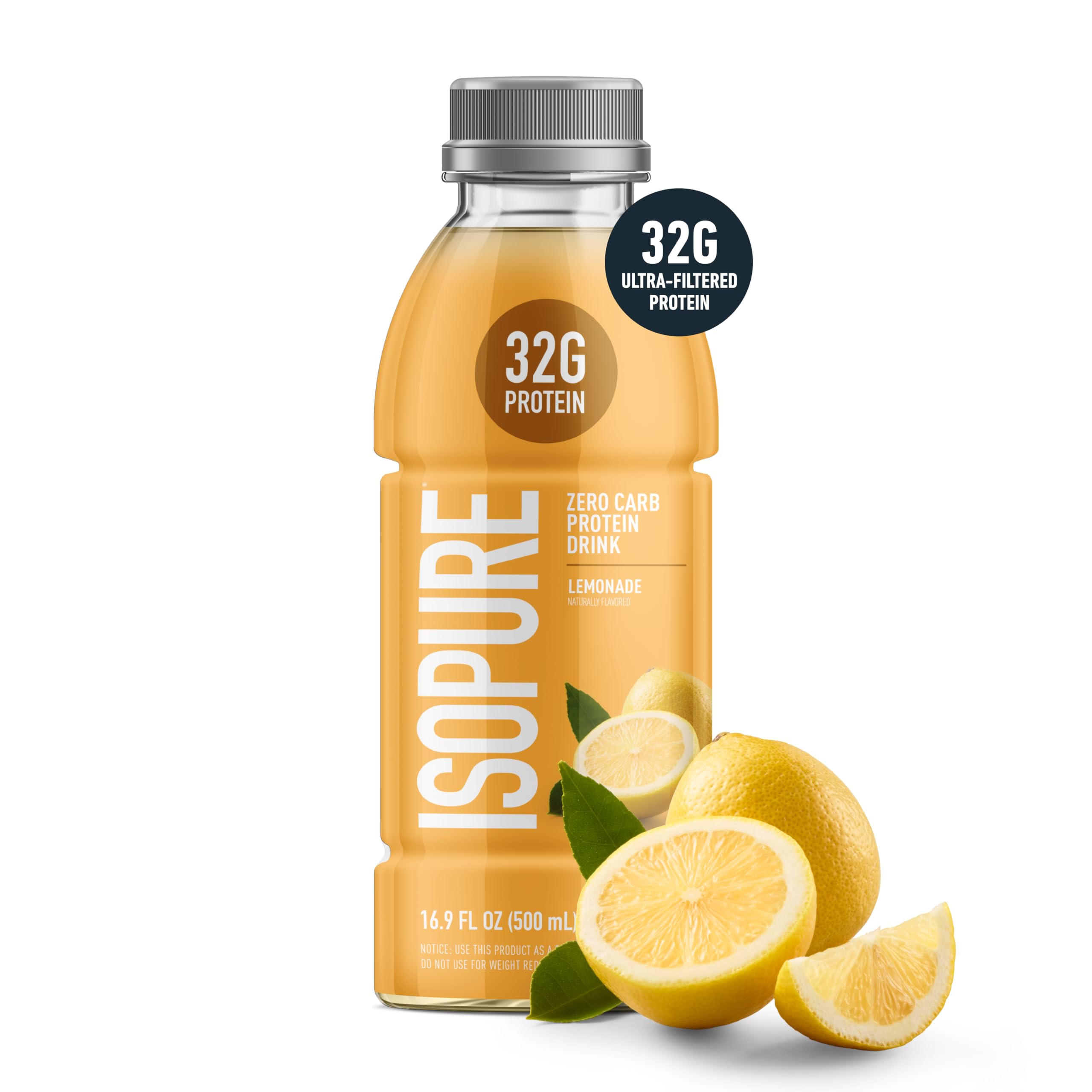 Isopure Lemonade bottle being poured, showcasing refreshing zero sugar protein drink