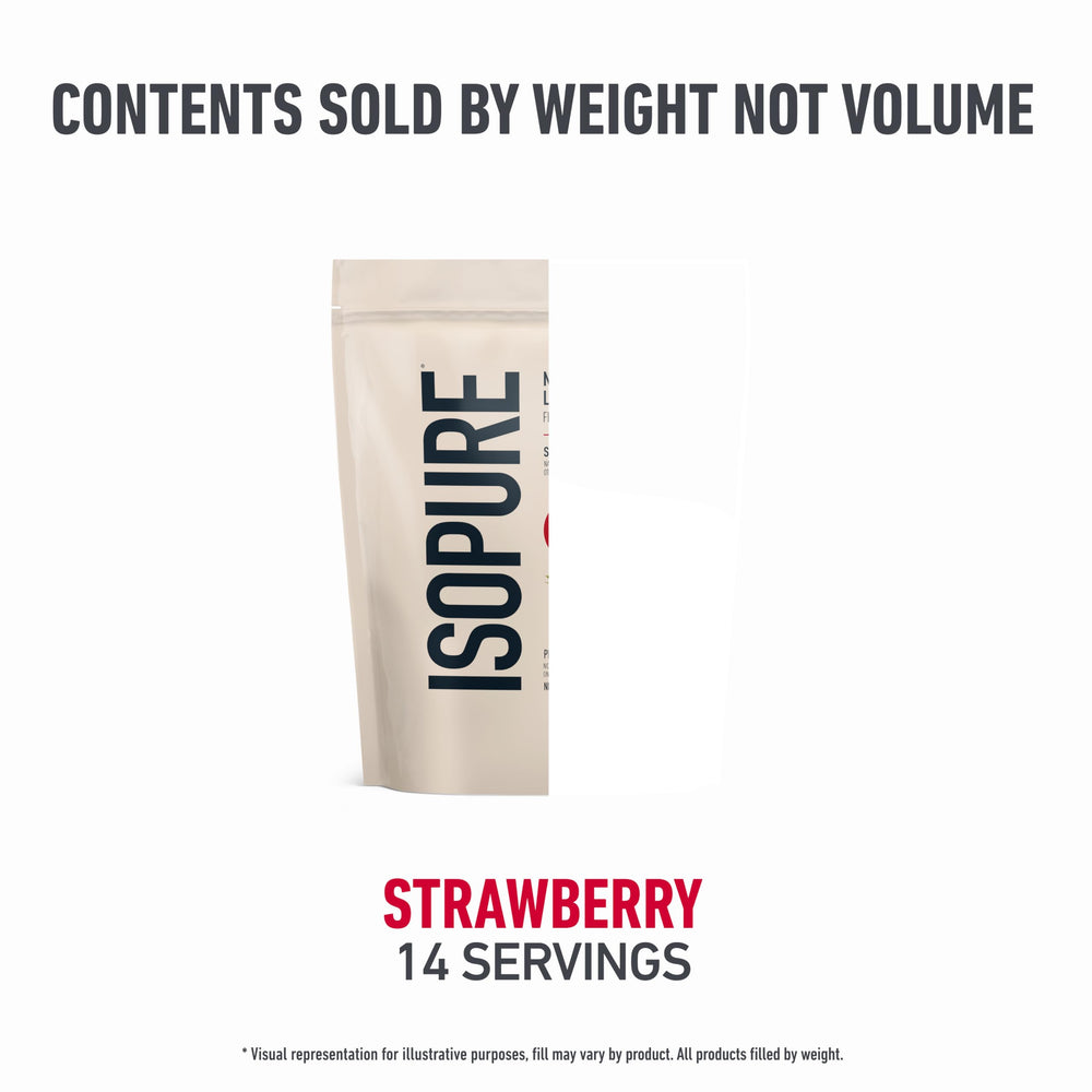 Isopure Low Carb Strawberry tub top-view with compact packaging