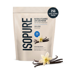 Isopure Low-Carb Vanilla Bean shake in glass showing zero sugar and protein balance.