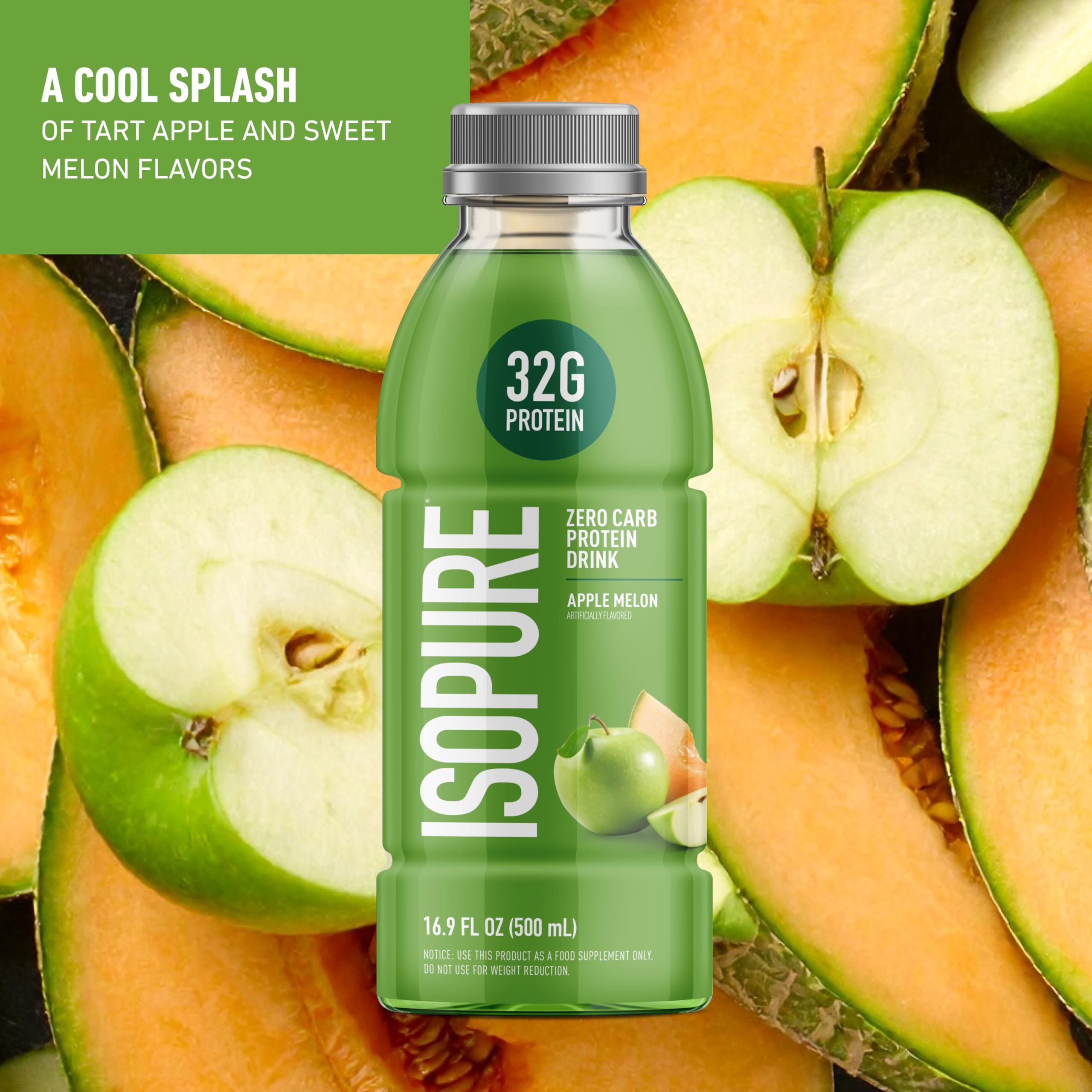 Isopure nutrition panel Apple Melon shows 32g protein per bottle for workouts.