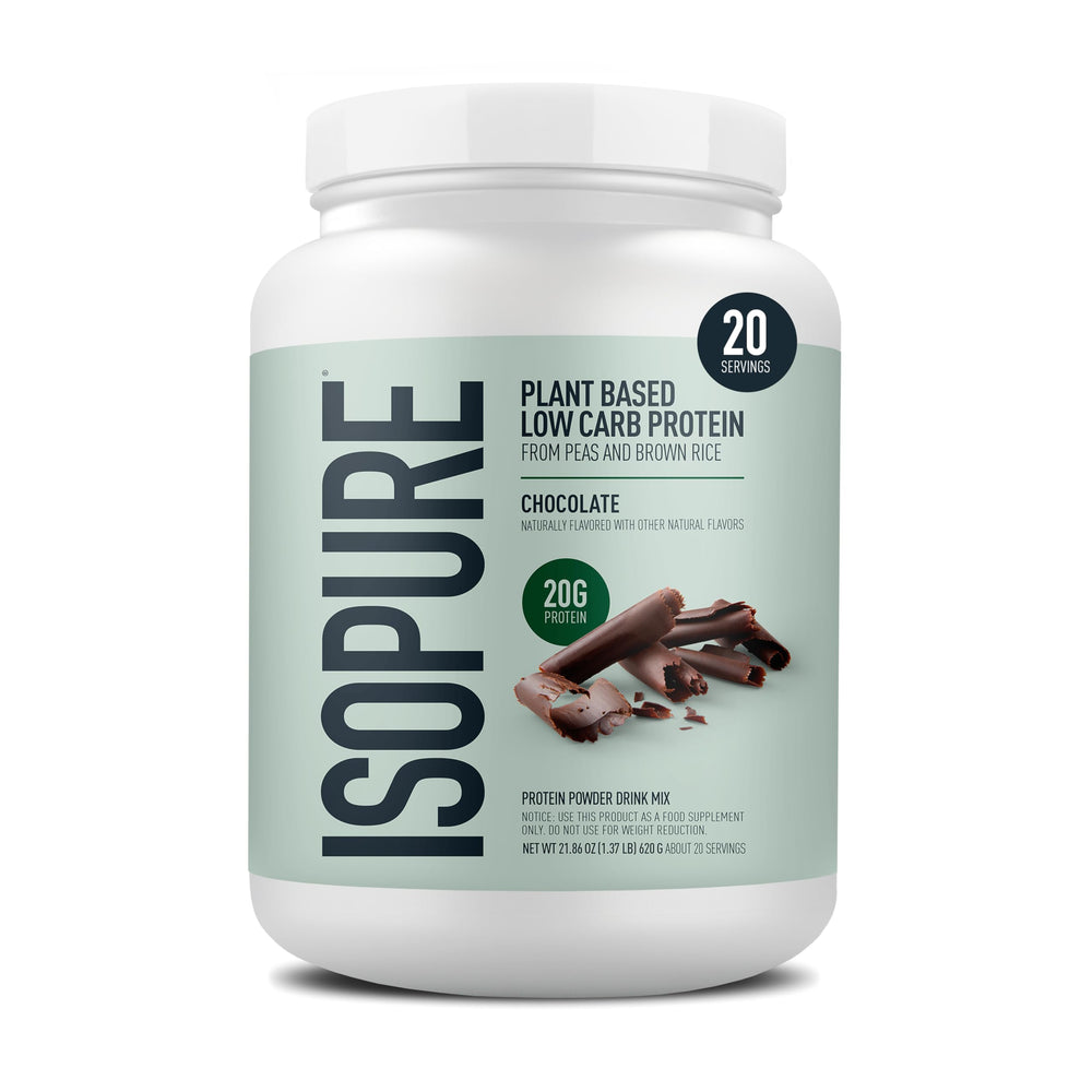 Isopure plant-based chocolate protein container highlighting convenient daily protein option