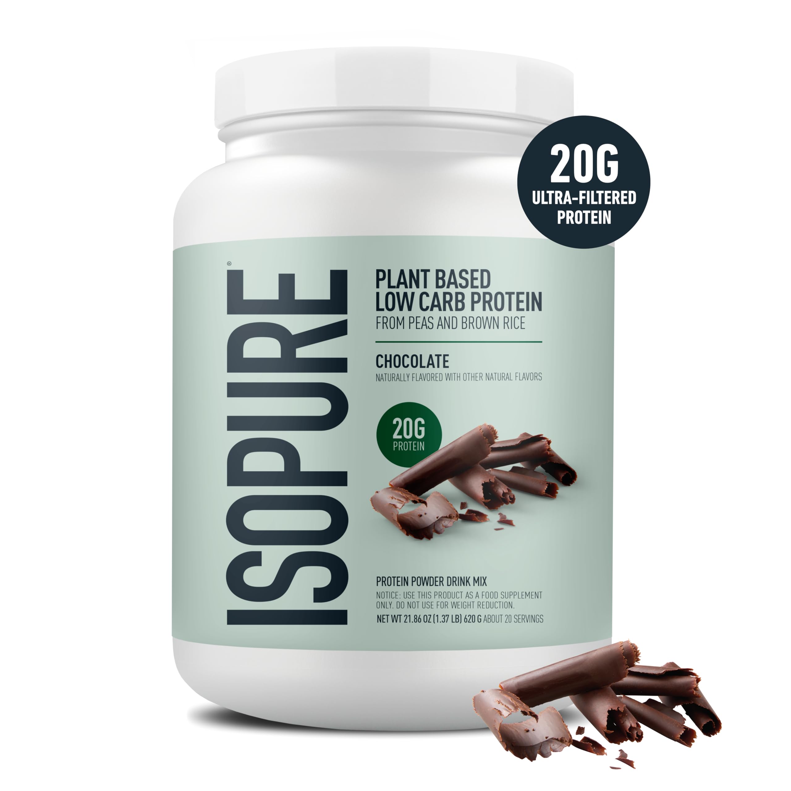Isopure plant-based chocolate protein nutrition label showing 20 g protein per serving