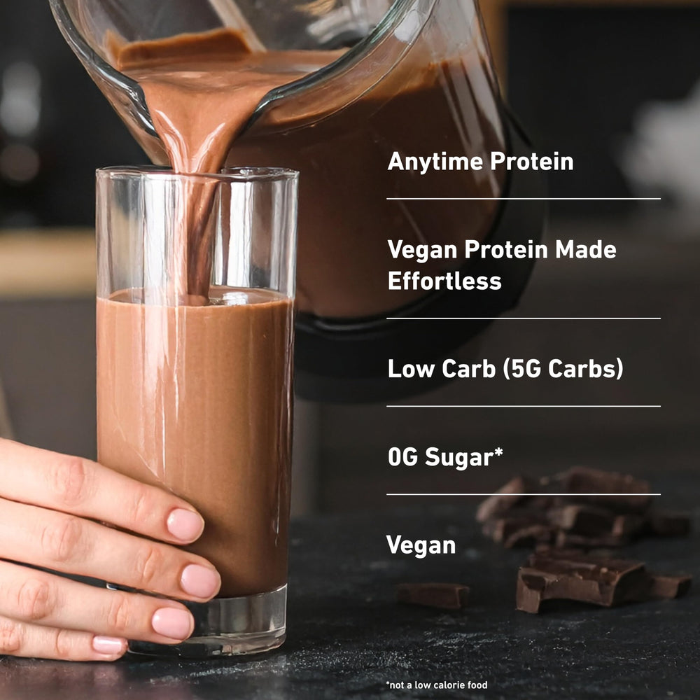 Isopure chocolate powder pouring into glass for smooth mix