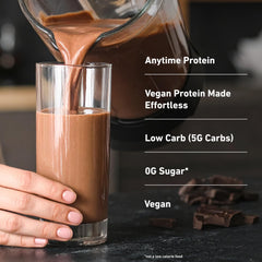 Isopure chocolate powder pouring into glass for smooth mix