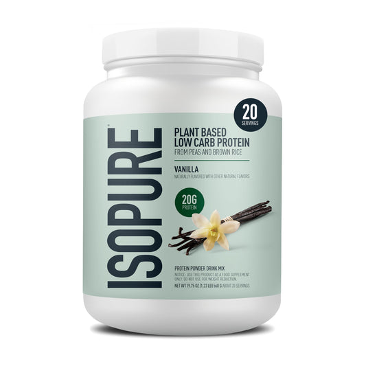 Isopure plant-based protein powder vanilla container for easy daily protein intake