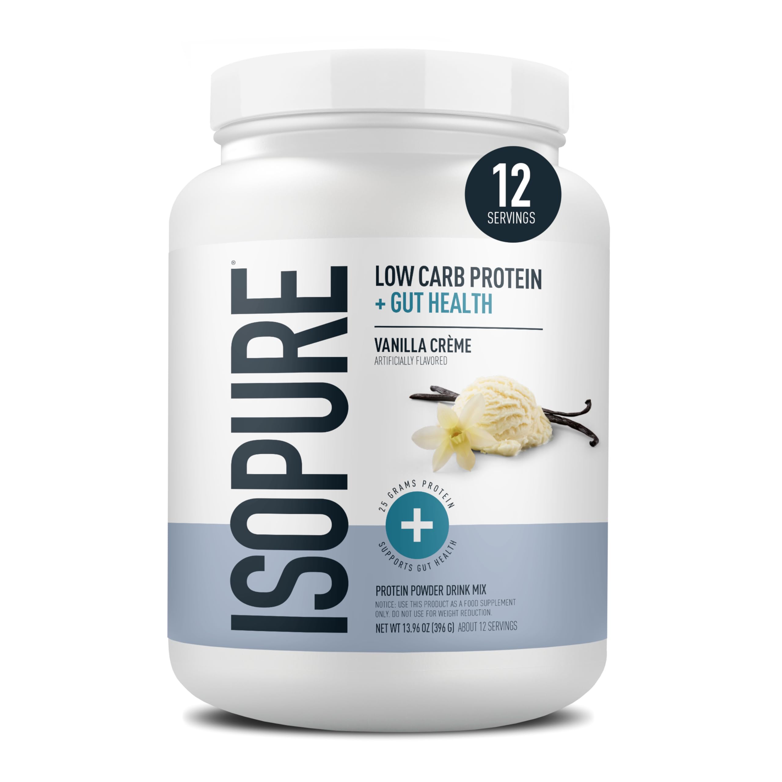 Isopure Protein + Gut Health Vanilla Creme scoop highlighting 25g protein and prebiotics for digestion support