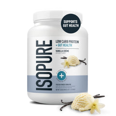 Isopure Protein + Gut Health Vanilla Creme shake glass showcasing creamy texture and mixability