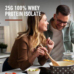Isopure protein shake glass with creamy Dutch chocolate ready to blend