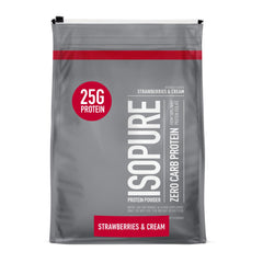Isopure Strawberries & Cream protein powder container ideal for post-workout shakes.